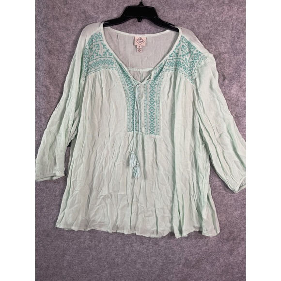 St. John's Bay Tops - St Johns Bay Mint Green Embroidered Peasant Blouse Tassel Tie‎ Top Womens 2X